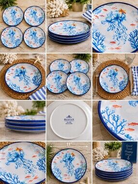 Bella Lux Melamine Coral & Jellyfish Dinner Plates – Set of 4 Coastal 11"